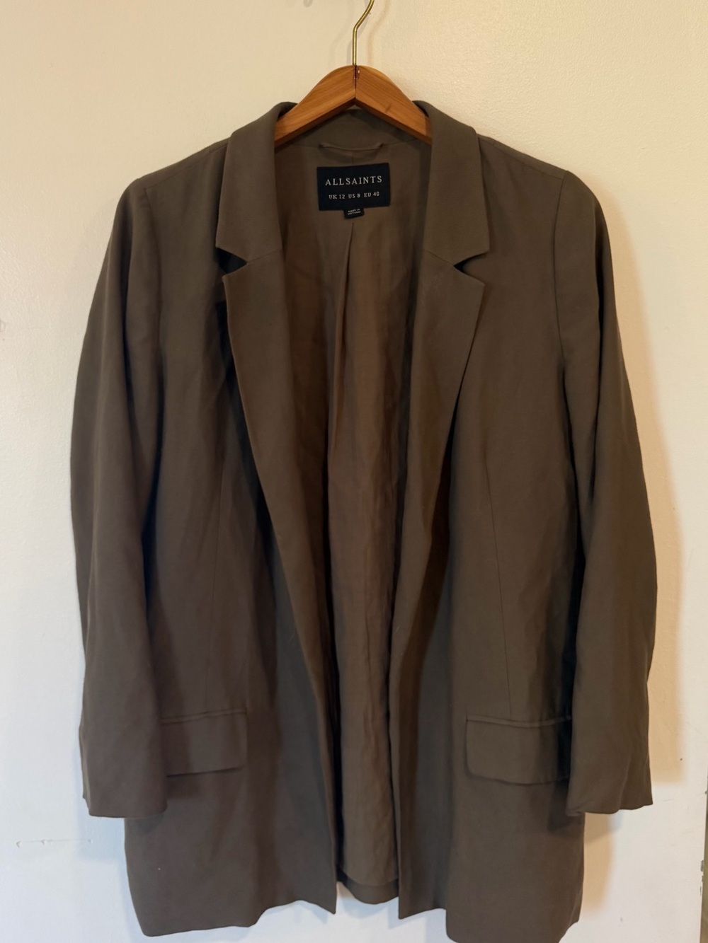 ALLSAINTS Aleida Tri Blazer Jacket Womens Size 8 Olive Green Open Front Casual